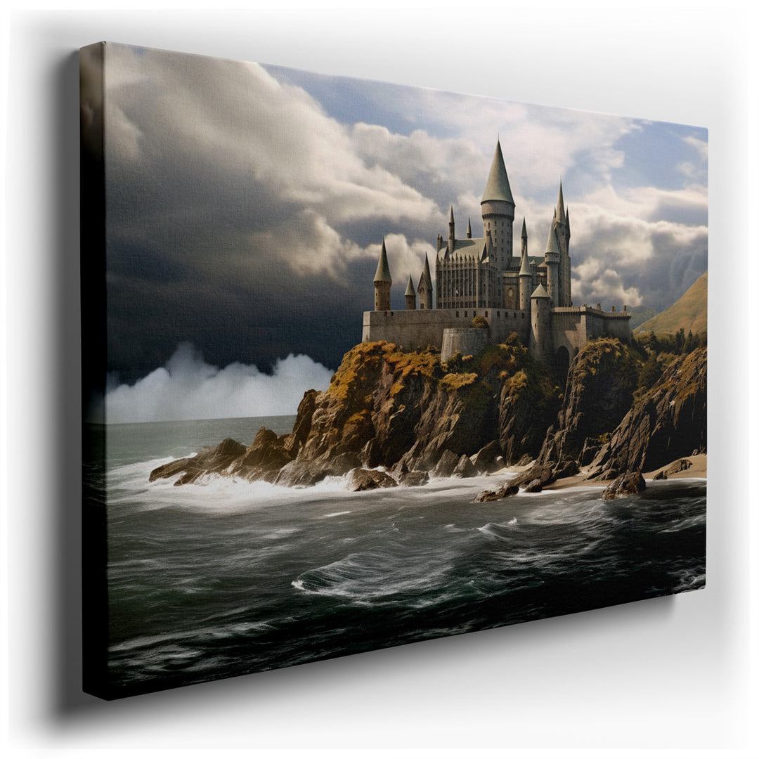 canvas print on wrapped canvas for wall decor – This evocative wall art captures the grandeur and mystery of a medieval castle, perched precariously on the edge of a ru...