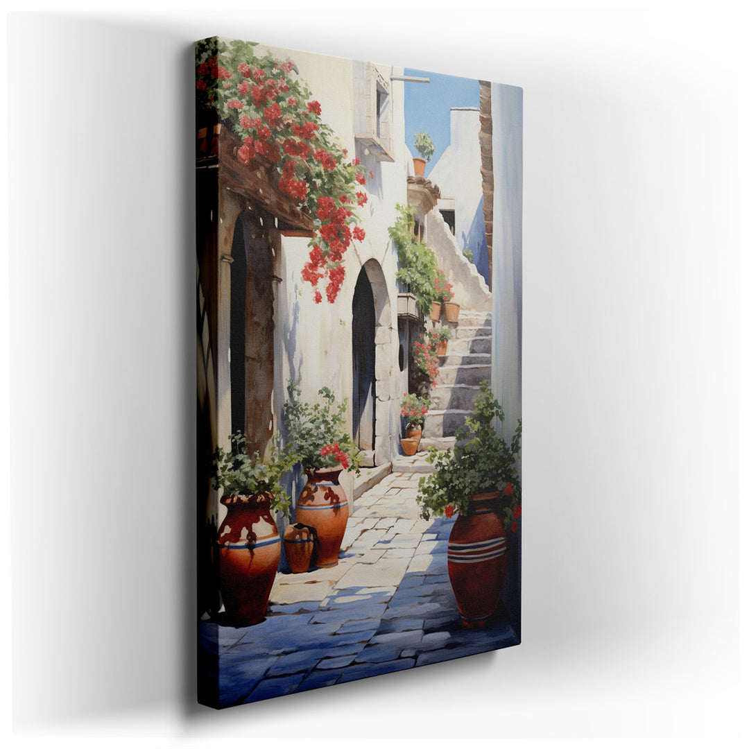 canvas print on wrapped canvas for wall decor – This enchanting wall art captures the essence of a Mediterranean alleyway, a scene that is both timeless and inviting. T...