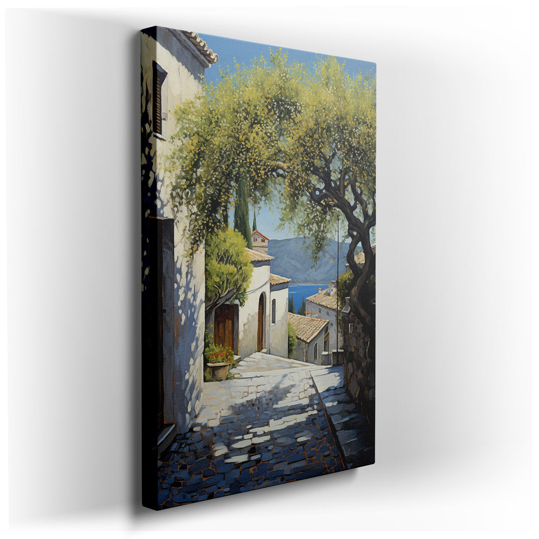 canvas print on wrapped canvas for wall decor – This enchanting wall art transports viewers to a sun-drenched coastal street, epitomizing the serene and picturesque cha...