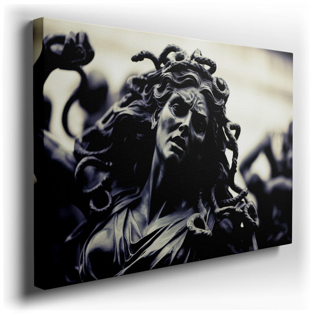 canvas print on wrapped canvas for wall decor – This exquisite wall art captures the enigmatic and tragic figure of Medusa, a character steeped in mythological lore, wi...
