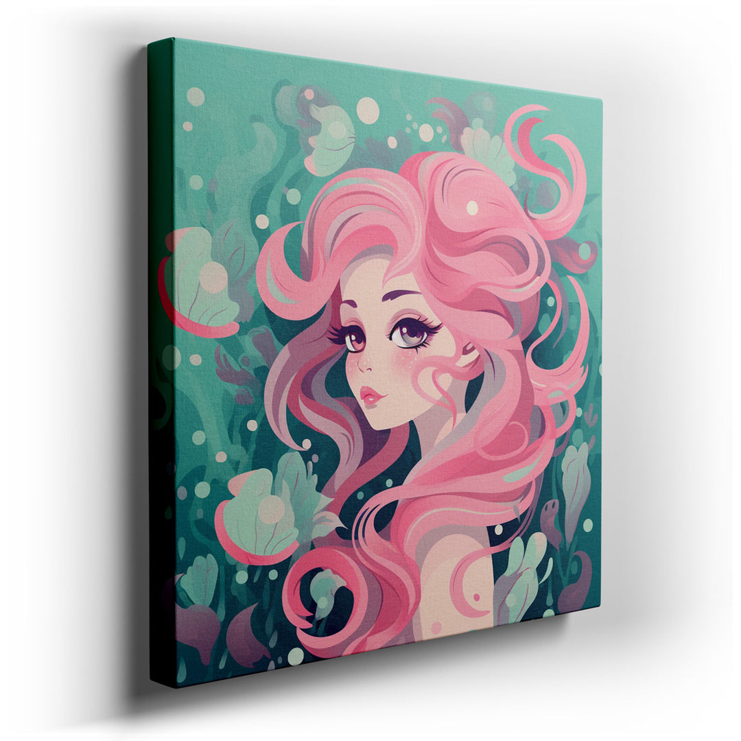 canvas print on wrapped canvas for wall decor – This captivating digital wall art portrays a stunning mermaid, her long, flowing pink hair elegantly entwined with the d...