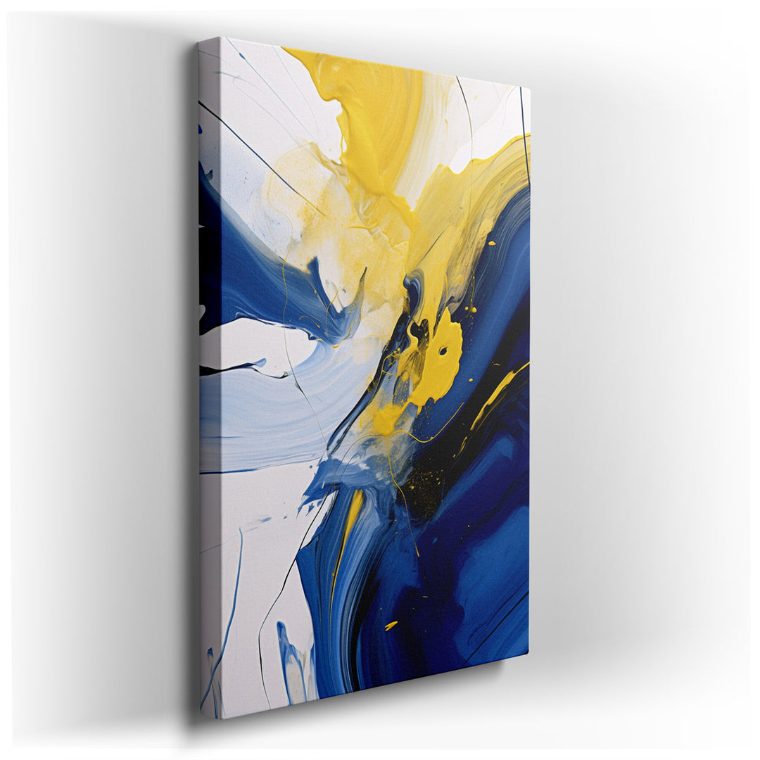canvas print on wrapped canvas for wall decor – This captivating abstract wall art is a masterful symphony of blue and yellow swirls that dance across the canvas in a m...