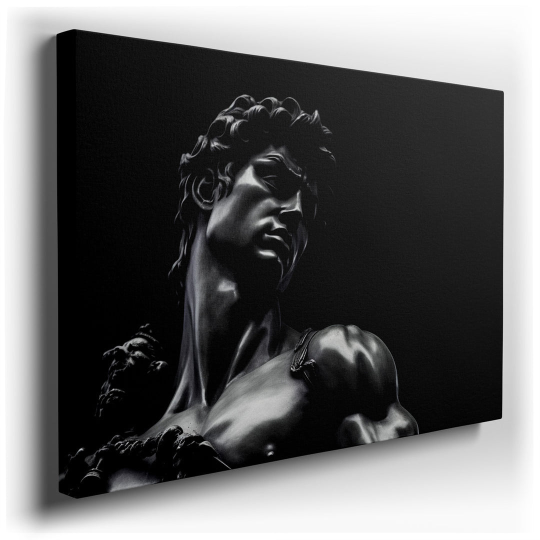 canvas print on wrapped canvas for wall decor – This wall art, a detailed close-up of Michelangelo's Statue of David, is a masterful representation that captures the es...