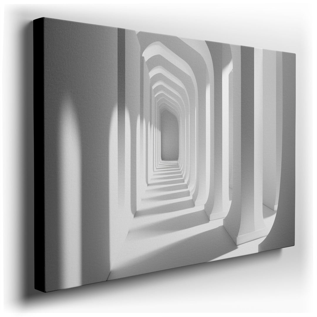 canvas print on wrapped canvas for wall decor – This wall art, a striking minimalist architectural rendering, captures the essence of modern design through its depictio...
