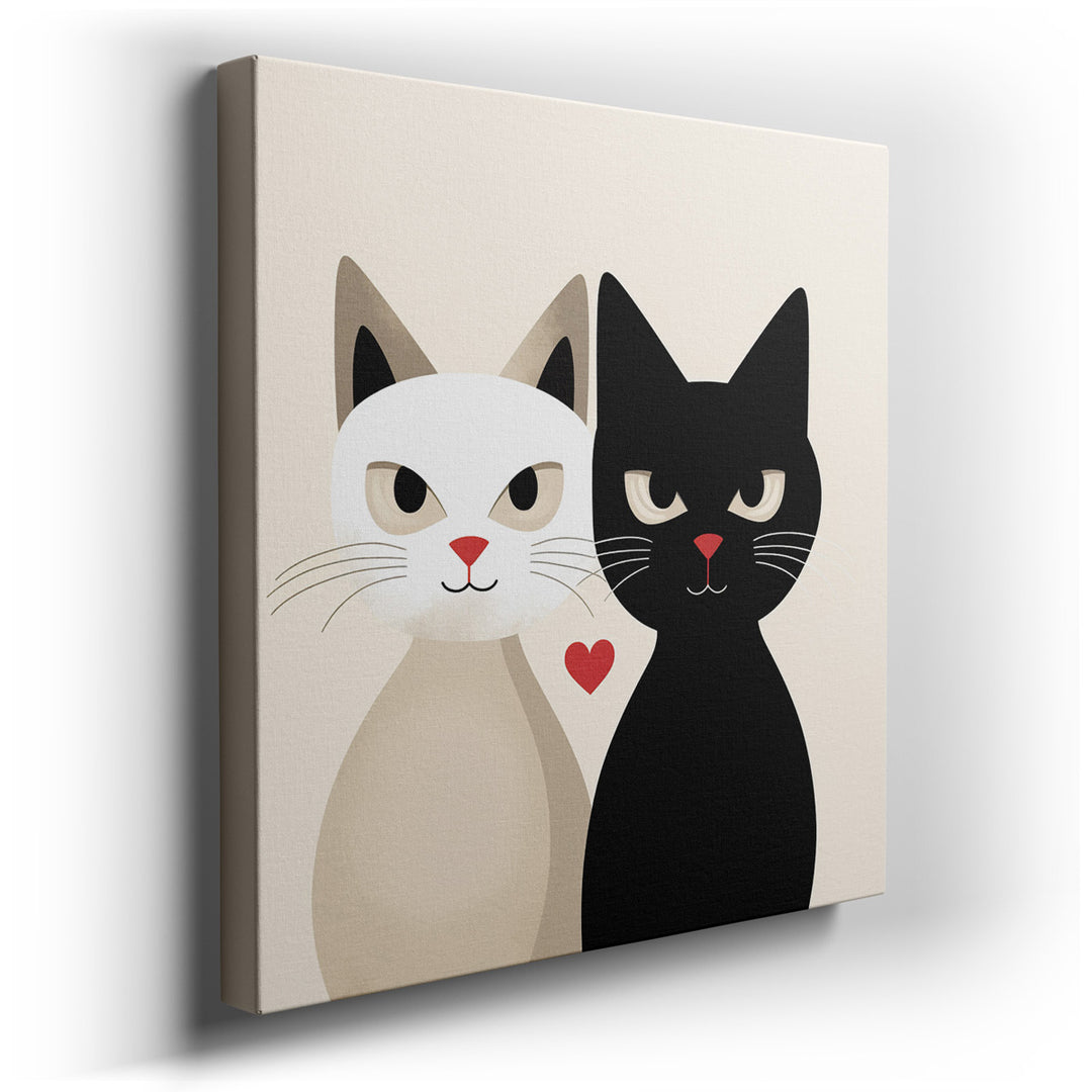canvas print on wrapped canvas for wall decor – This delightful wall art captures the essence of feline companionship through the portrayal of two cats, one black and o...