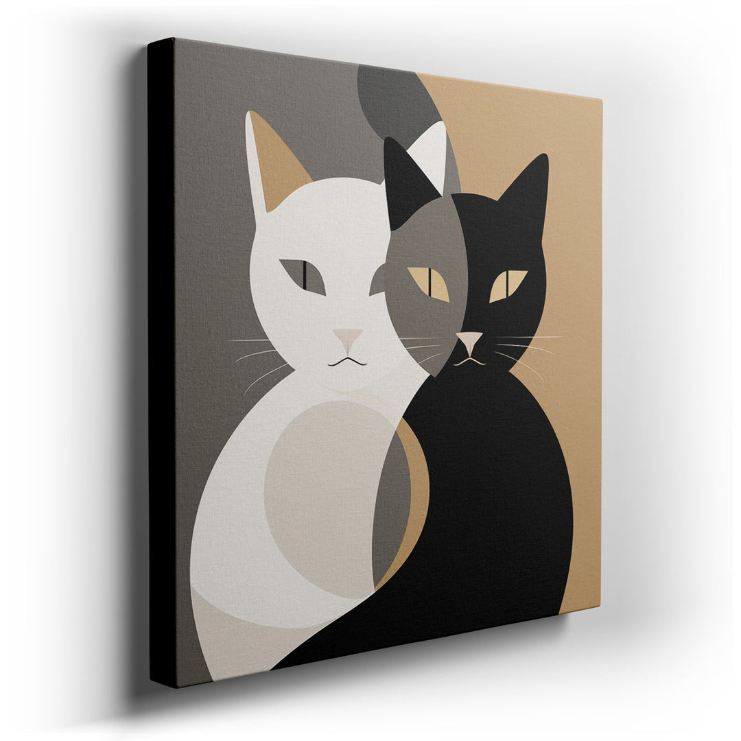 canvas print on wrapped canvas for wall decor – This wall art, a minimalist yet striking illustration, features two entwined cats depicted in contrasting colors, symbol...