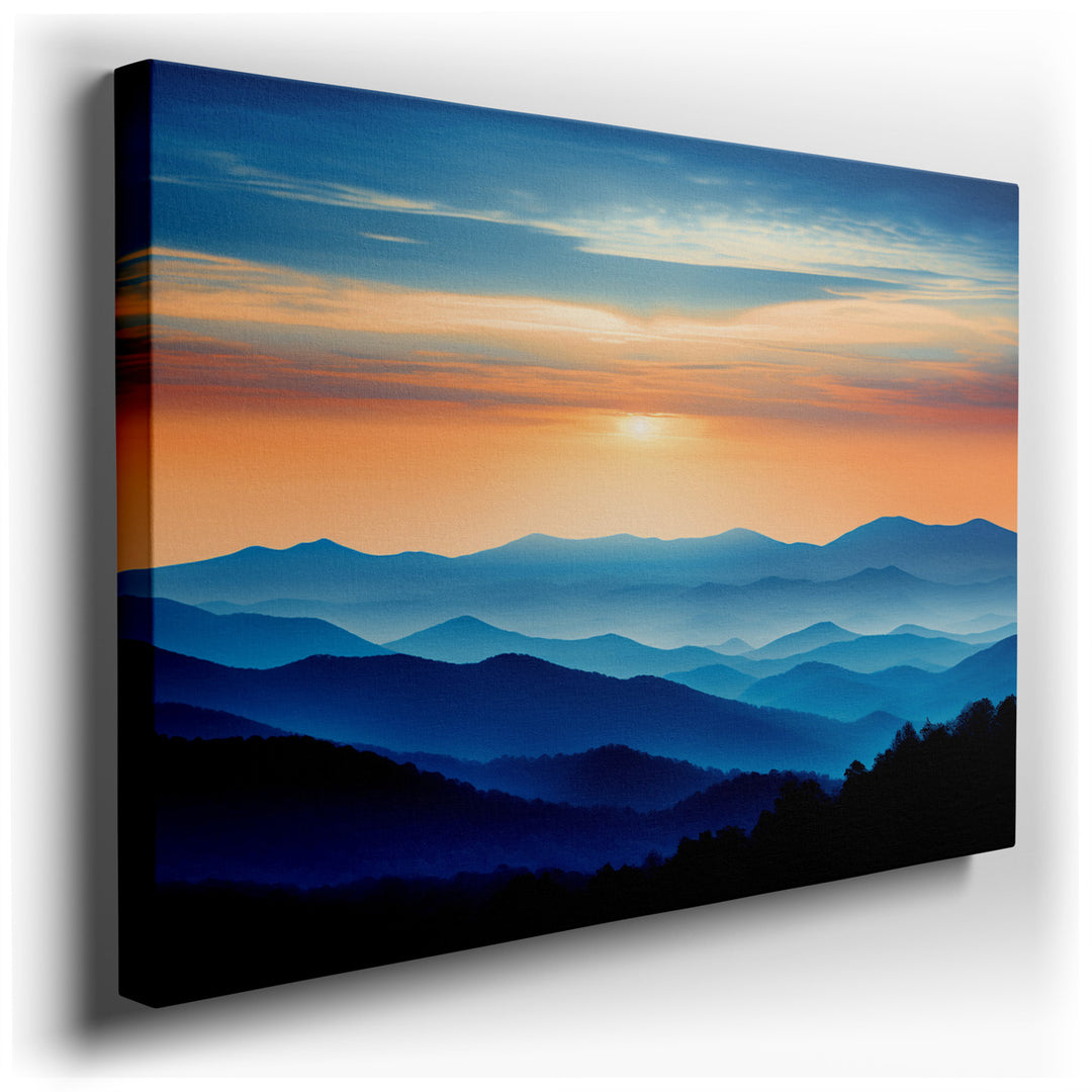 canvas print on wrapped canvas for wall decor – This exquisite wall art captures the serene beauty of a mountainous landscape enveloped in the soft light of dawn. The a...