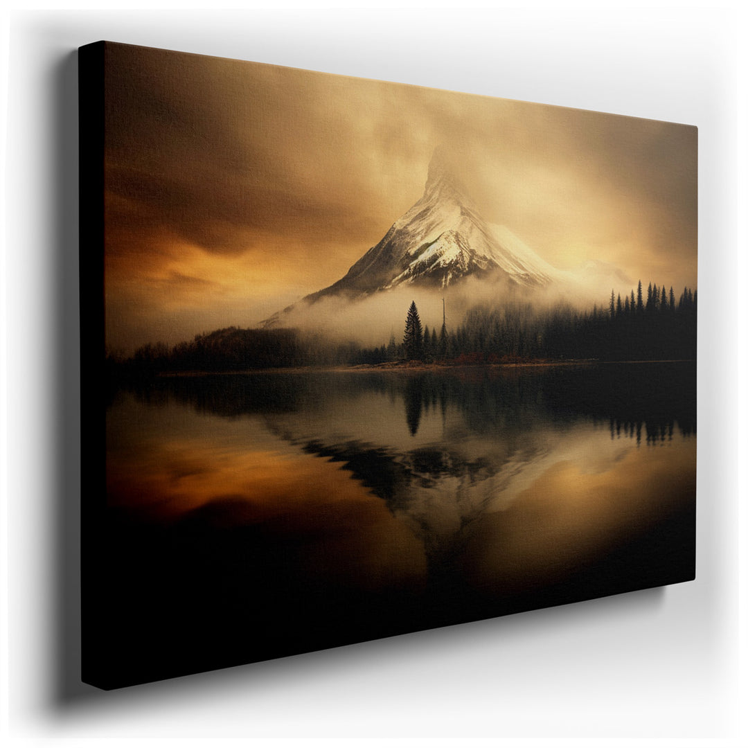 canvas print on wrapped canvas for wall decor – This exquisite wall art captures a serene landscape dominated by a majestic mountain, its peak soaring into a softly env...