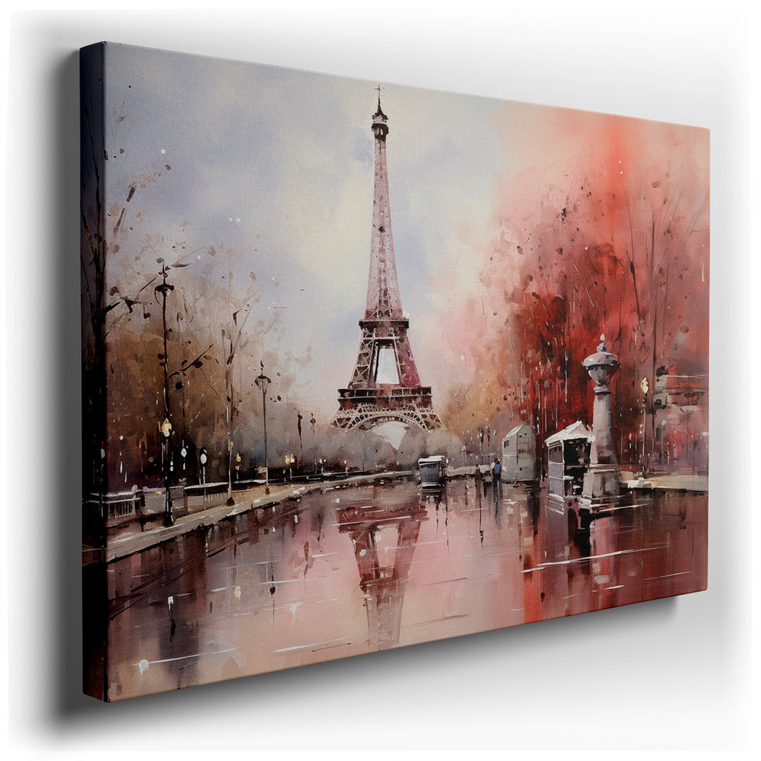 canvas print on wrapped canvas for wall decor – This exquisite wall art offers a captivating depiction of the iconic Eiffel Tower, enveloped in a gentle, misty ambiance...