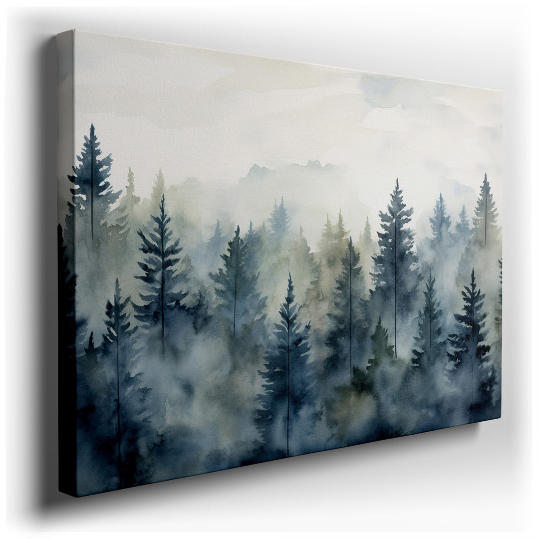 canvas print on wrapped canvas for wall decor – This exquisite watercolor wall art captures the ethereal beauty of a misty forest, enveloped in a serene and mysterious...