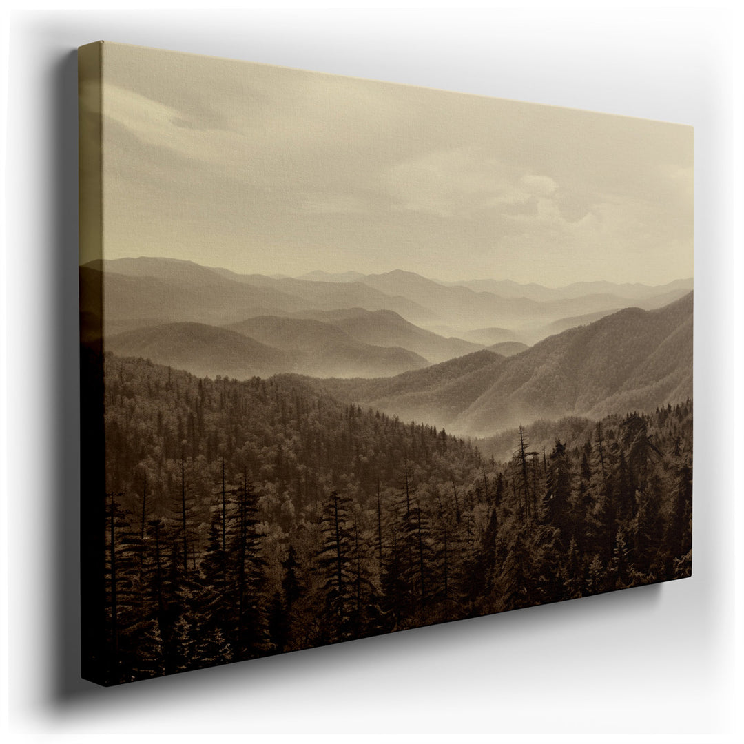 canvas print on wrapped canvas for wall decor – Imagine a wall art that encapsulates the serene majesty of nature, where the grandeur of layered mountains is softly vei...