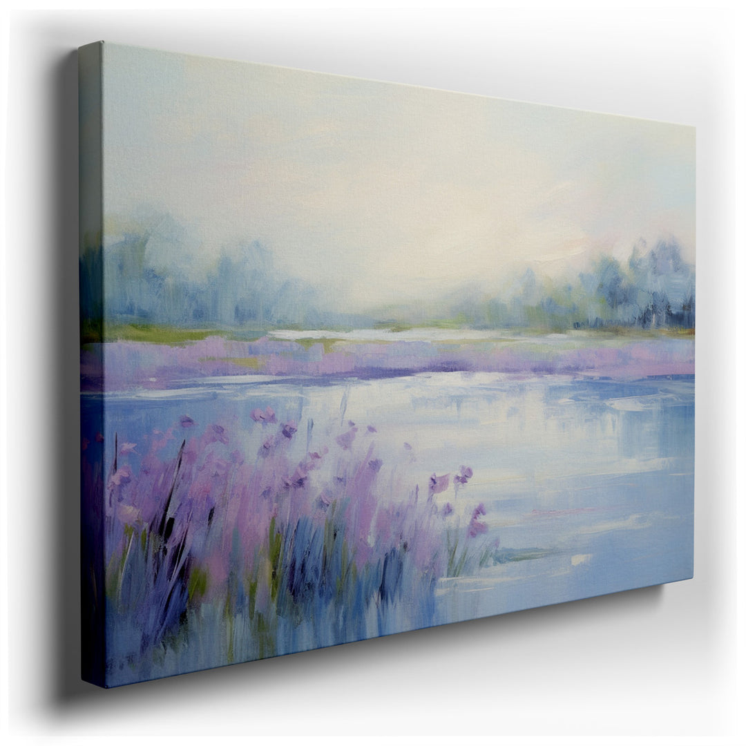 canvas print on wrapped canvas for wall decor – This exquisite wall art portrays a serene landscape that encapsulates the essence of a tranquil morning by a misty lake,...