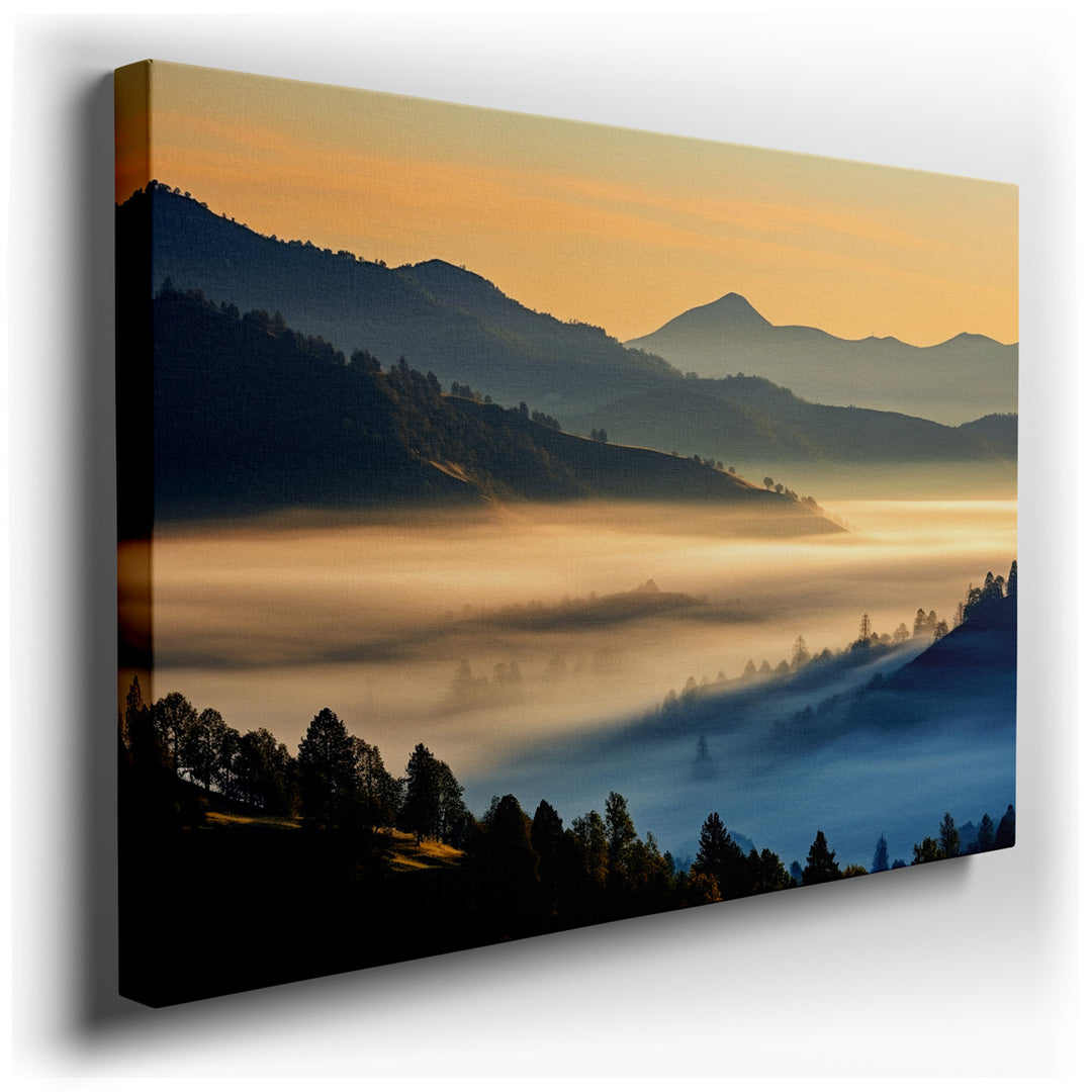canvas print on wrapped canvas for wall decor – The wall art captures a breathtaking mountain landscape, masterfully rendered to evoke a sense of peace and wonder. As t...
