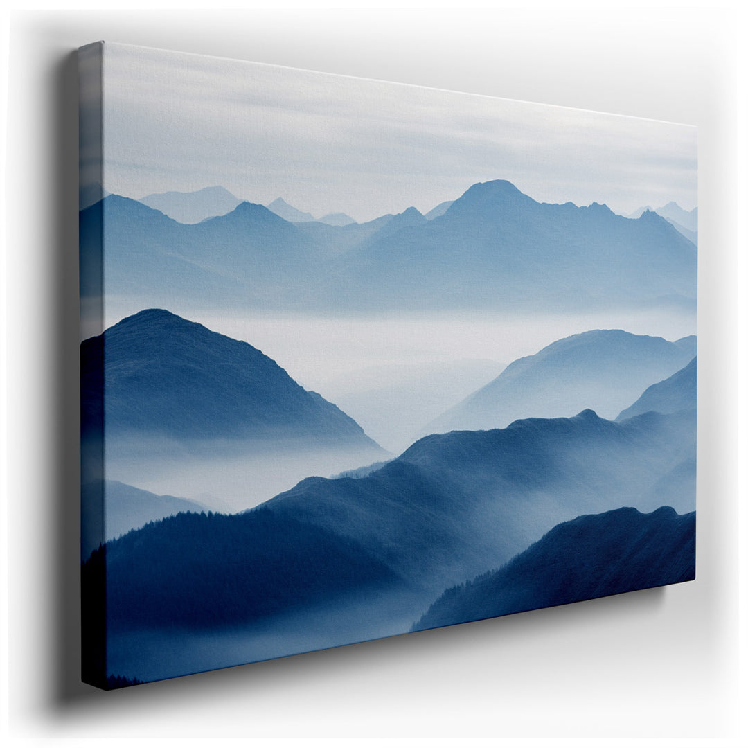 canvas print on wrapped canvas for wall decor – This wall art captures a breathtakingly serene view of a misty mountain range, where the artistry of nature is displayed...