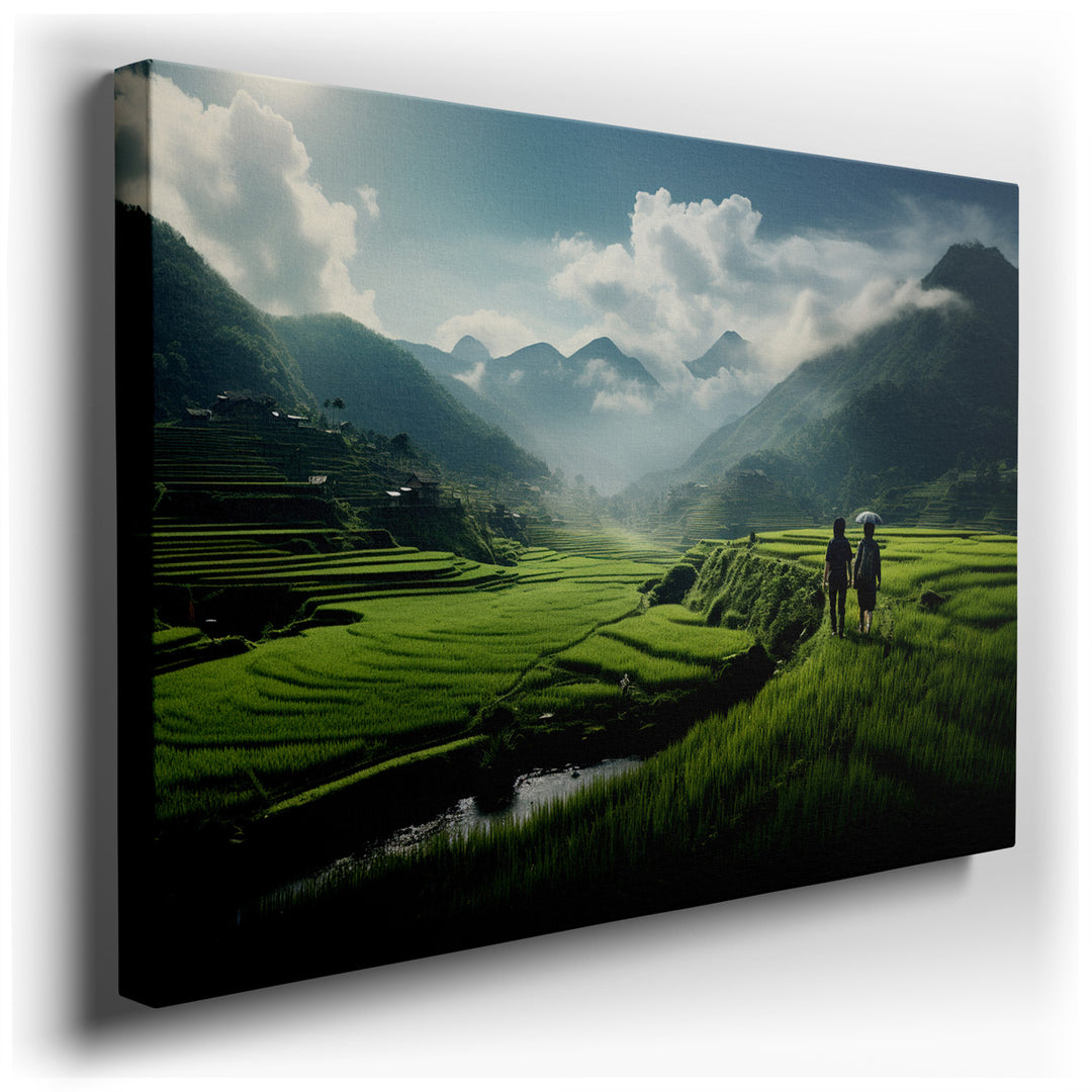 canvas print on wrapped canvas for wall decor – This enchanting wall art captures a serene and idyllic moment, portraying a couple walking hand in hand through lush, ve...