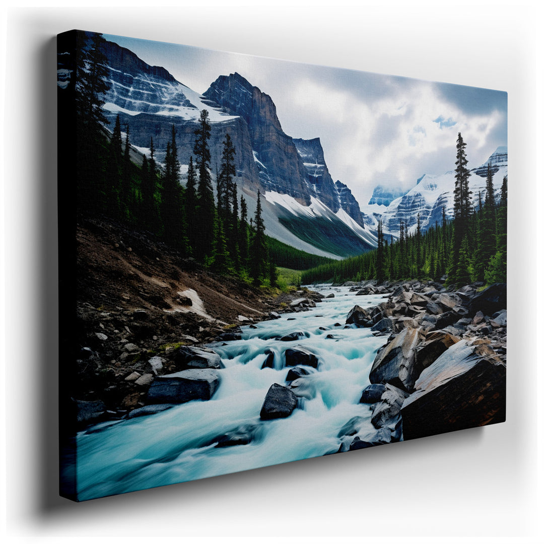 canvas print on wrapped canvas for wall decor – This exquisite wall art captures the serene beauty of a clear stream meandering through a verdant valley, set against th...