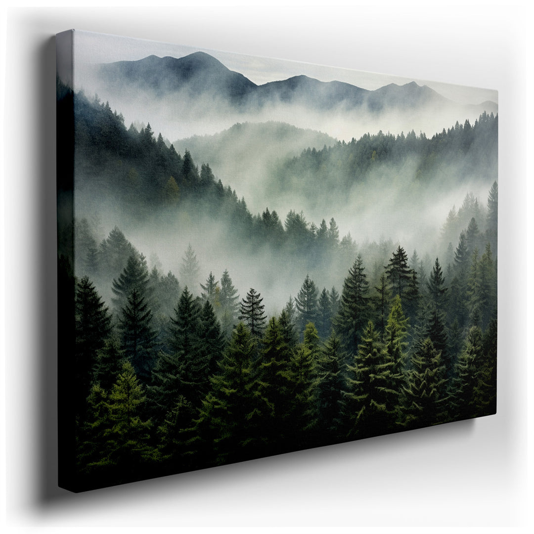 canvas print on wrapped canvas for wall decor – This exquisite wall art, depicting a breathtaking landscape of misty mountains shrouded in a delicate veil of fog, offer...