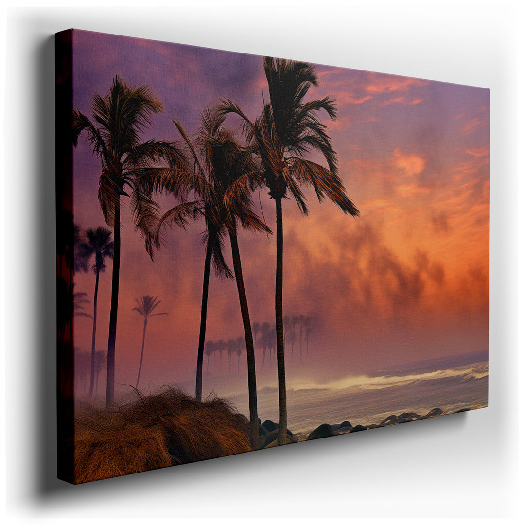 canvas print on wrapped canvas for wall decor – This enchanting wall art captures a serene beachfront at the break of dawn, enveloped in a gentle mist that adds a layer...