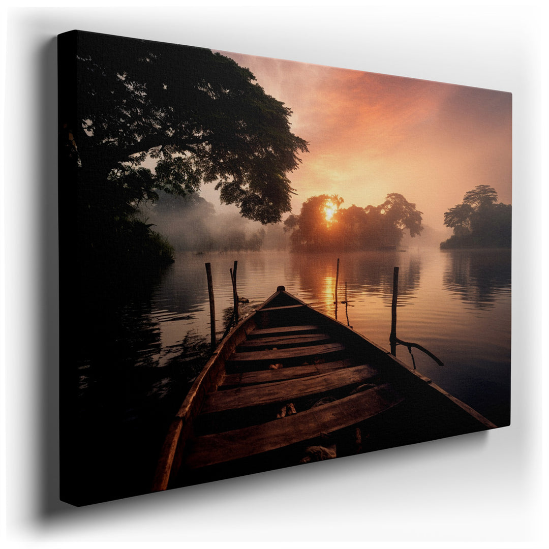 canvas print on wrapped canvas for wall decor – This wall art, a masterpiece of serene beauty, captures a misty sunrise over a tranquil lake, creating an atmosphere of...