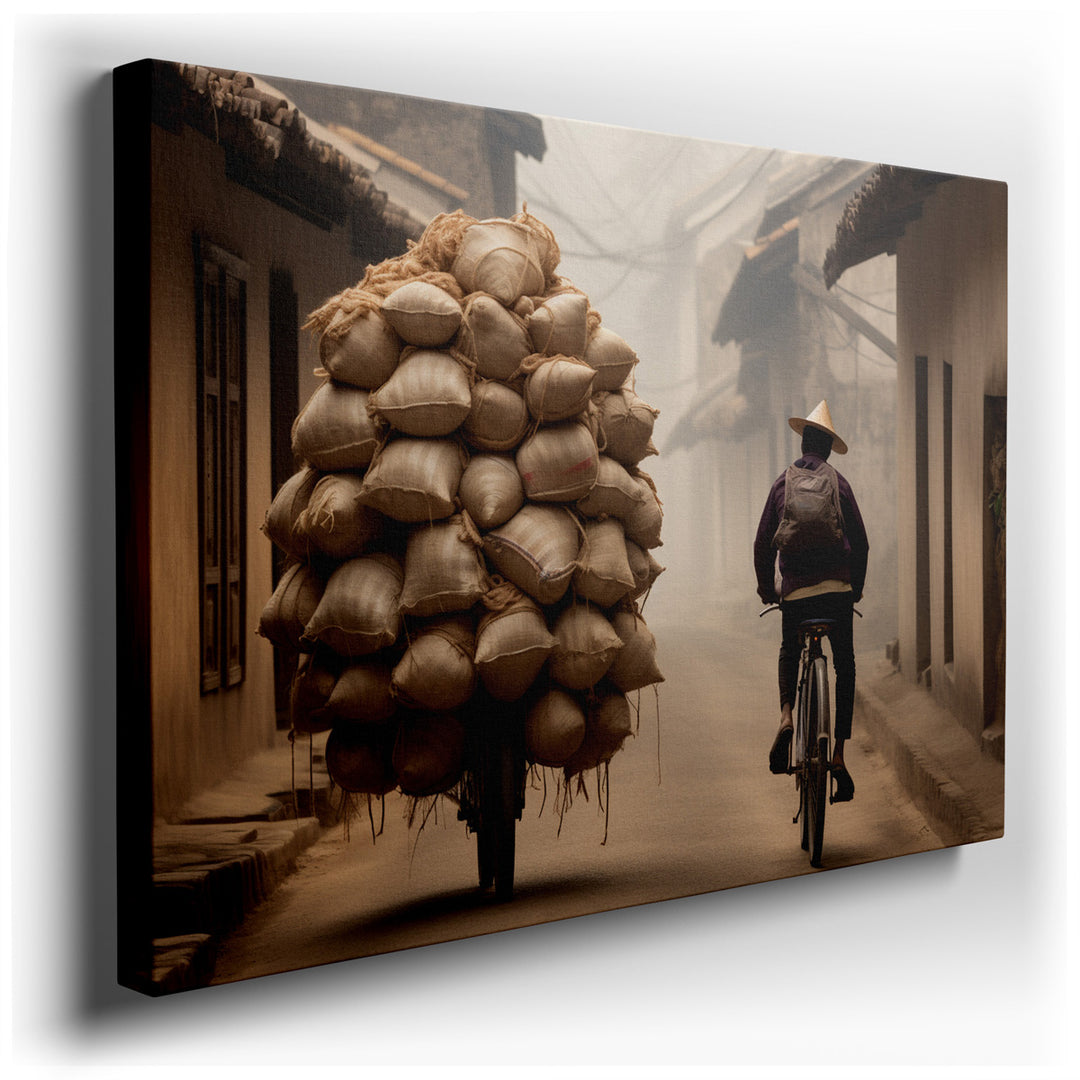 canvas print on wrapped canvas for wall decor – In this evocative wall art, the viewer is transported to a quaint village street, enveloped in a gentle, dense fog that...