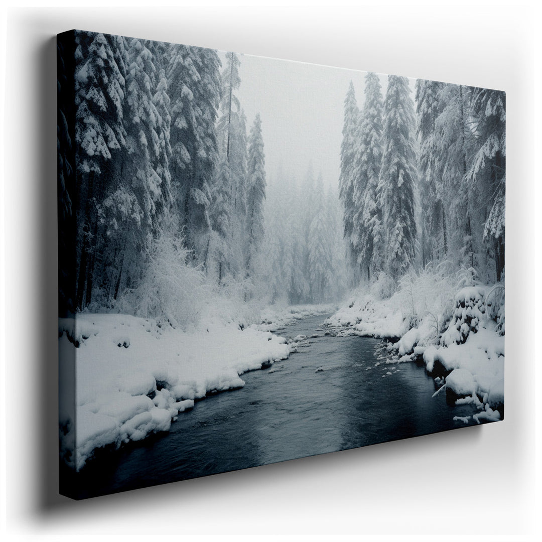canvas print on wrapped canvas for wall decor – This wall art, a mesmerizing winter landscape, captures the serene beauty of a foggy river meandering through a dense fo...