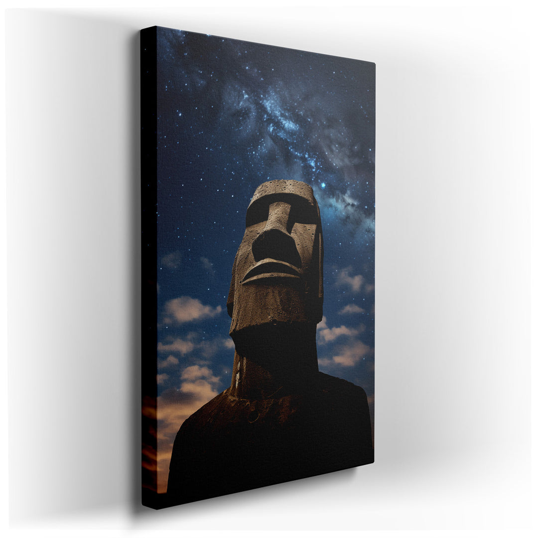 canvas print on wrapped canvas for wall decor – This wall art, a mesmerizing depiction of a Moai statue under a starlit sky, is a masterpiece that captures the enigmati...