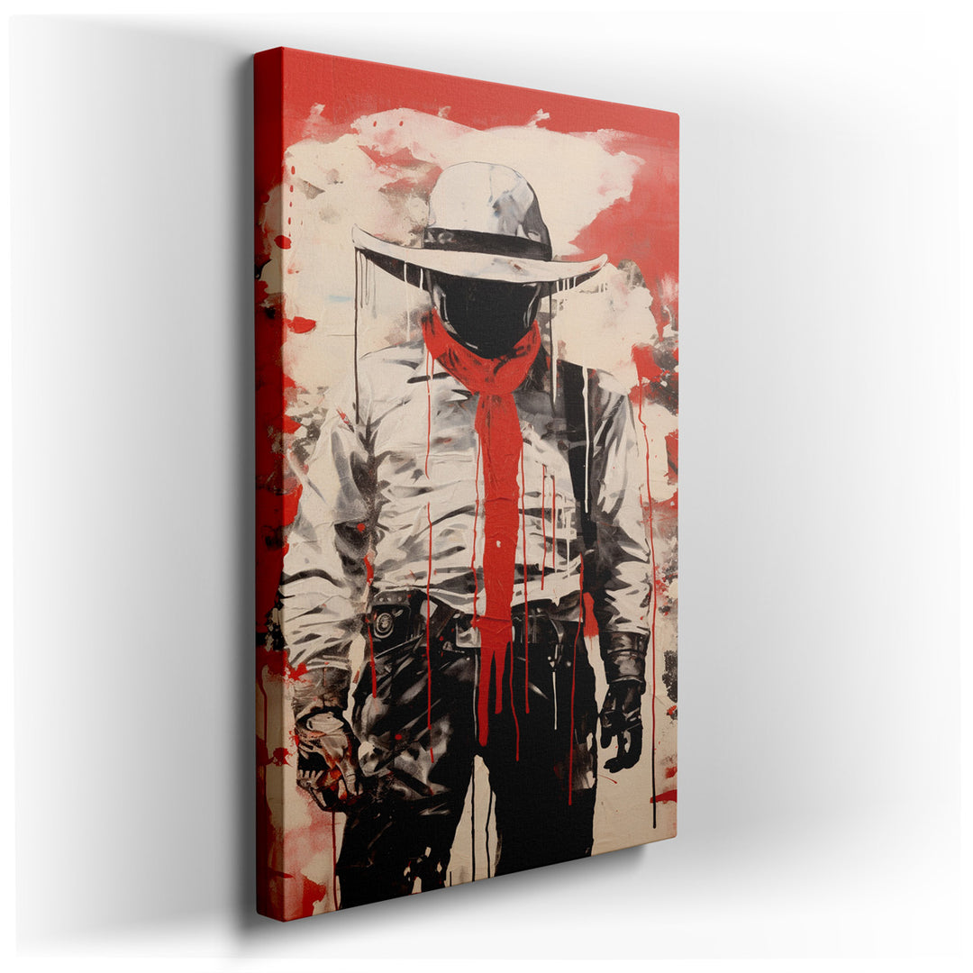 canvas print on wrapped canvas for wall decor – The wall art in question is a mesmerizing depiction of a cowboy, rendered in a bold and dramatic red and black color sch...