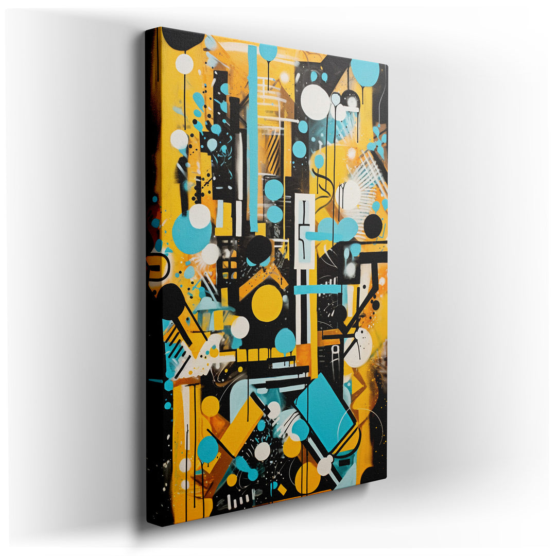 canvas print on wrapped canvas for wall decor – This wall art is a stunning representation of urban abstract art, characterized by its vibrant use of geometric patterns...