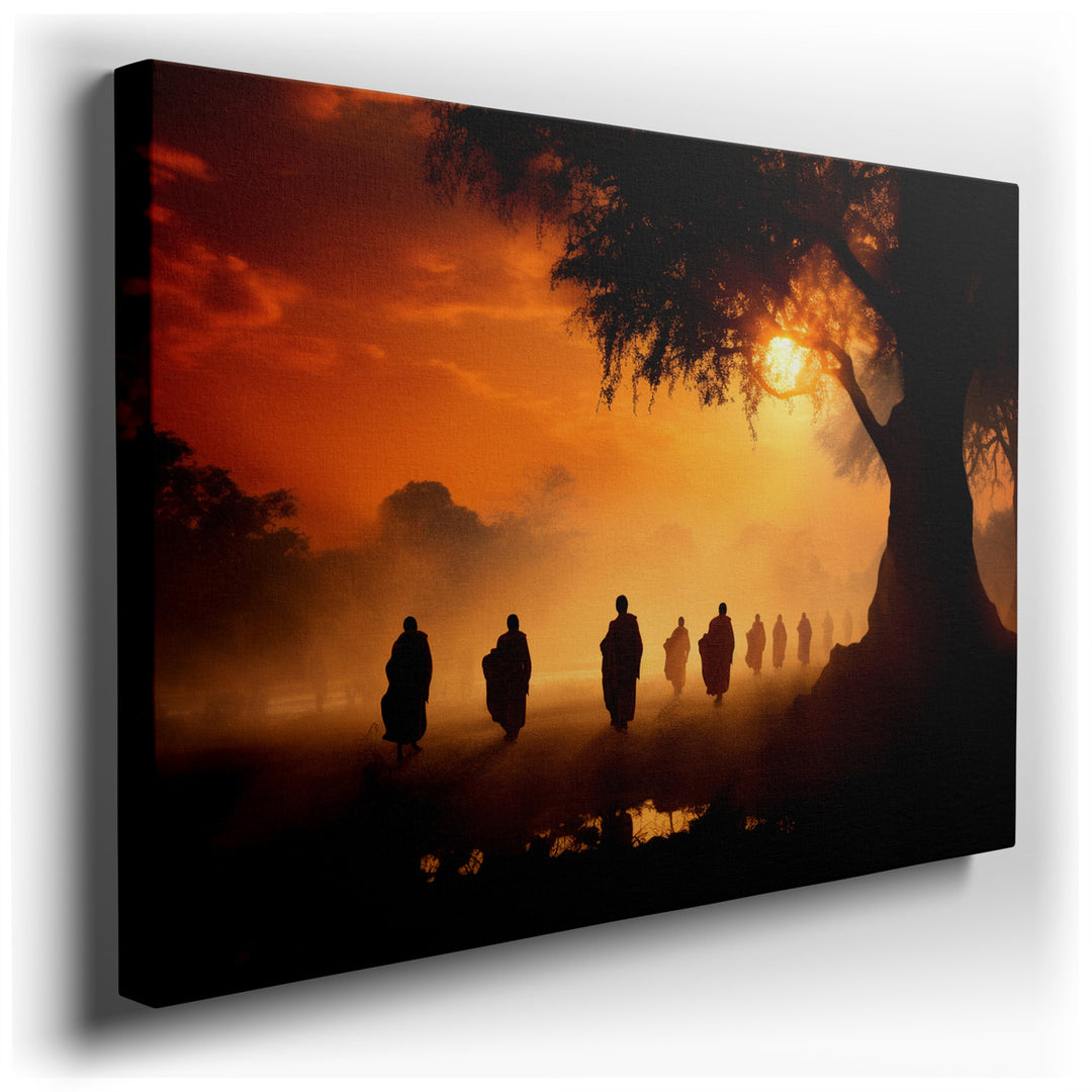canvas print on wrapped canvas for wall decor – This wall art captures a profoundly serene and spiritual moment, depicting a line of Buddhist monks moving gracefully to...