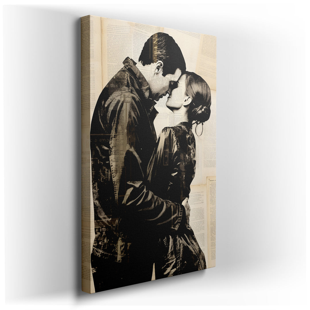 canvas print on wrapped canvas for wall decor – This wall art, an abstract representation of a couple kissing, is a profound exploration of love and intimacy, rendered...