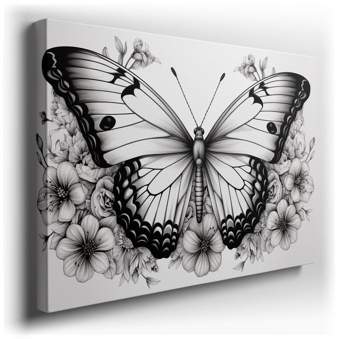 canvas print on wrapped canvas for wall decor – This exquisite wall art, rendered in a striking monochrome palette, captures the ethereal beauty of a butterfly perched...