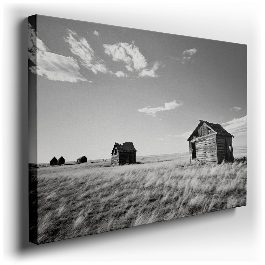 canvas print on wrapped canvas for wall decor – This evocative black and white photograph captures a hauntingly beautiful scene of desolation and decay, presenting a la...