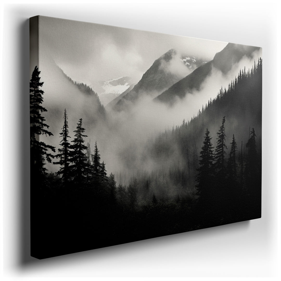 canvas print on wrapped canvas for wall decor – This wall art, a striking black and white depiction of a mountainous landscape shrouded in dense fog, exudes a profound...