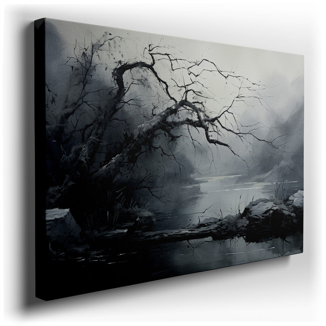 canvas print on wrapped canvas for wall decor – This wall art, a monochrome landscape, masterfully captures the essence of a foggy river scene, enveloped by an array of...