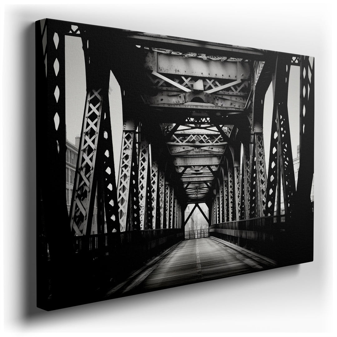 canvas print on wrapped canvas for wall decor – This evocative black and white wall art captures the stark, raw beauty of an industrial bridge's interior, emphasizing t...