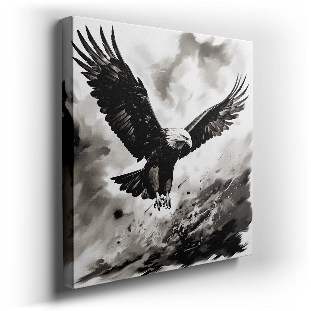 canvas print on wrapped canvas for wall decor – This wall art, a dramatic and evocative black and white illustration, masterfully captures the majestic flight of an eag...