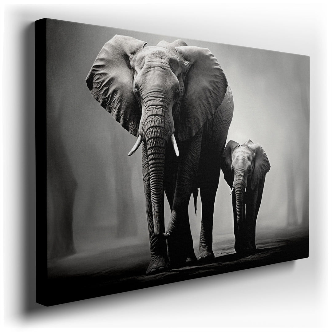 canvas print on wrapped canvas for wall decor – This captivating black and white photograph, a masterful portrayal of elephants in their natural habitat, is a testament...
