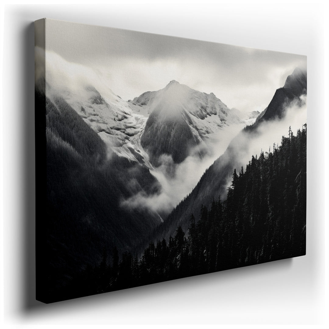 canvas print on wrapped canvas for wall decor – This exquisite black and white photograph presents a majestic mountain landscape, a scene that captures the essence of n...