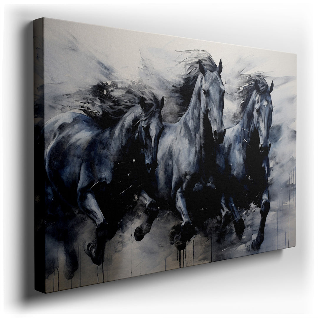 canvas print on wrapped canvas for wall decor – This evocative wall art, portraying three racing horses in full gallop, is a masterful representation of dynamism and sy...