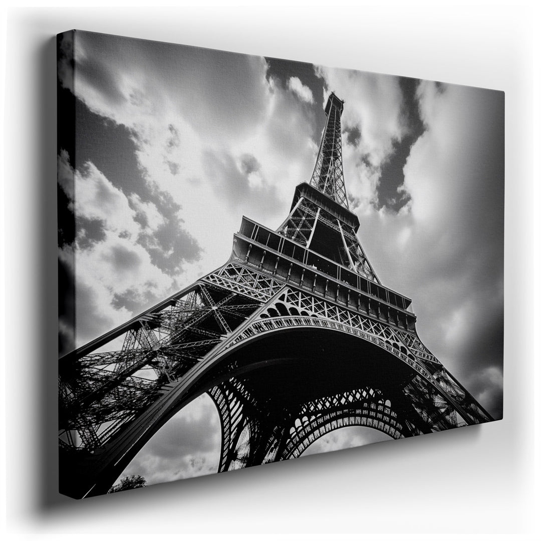 canvas print on wrapped canvas for wall decor – This exquisite black and white photograph of the Eiffel Tower is not merely a capture but a celebration of one of the wo...