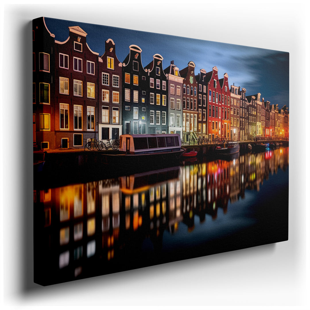 canvas print on wrapped canvas for wall decor – This wall art captures the enchanting nighttime essence of Amsterdam, featuring its iconic canals and the stunning archi...