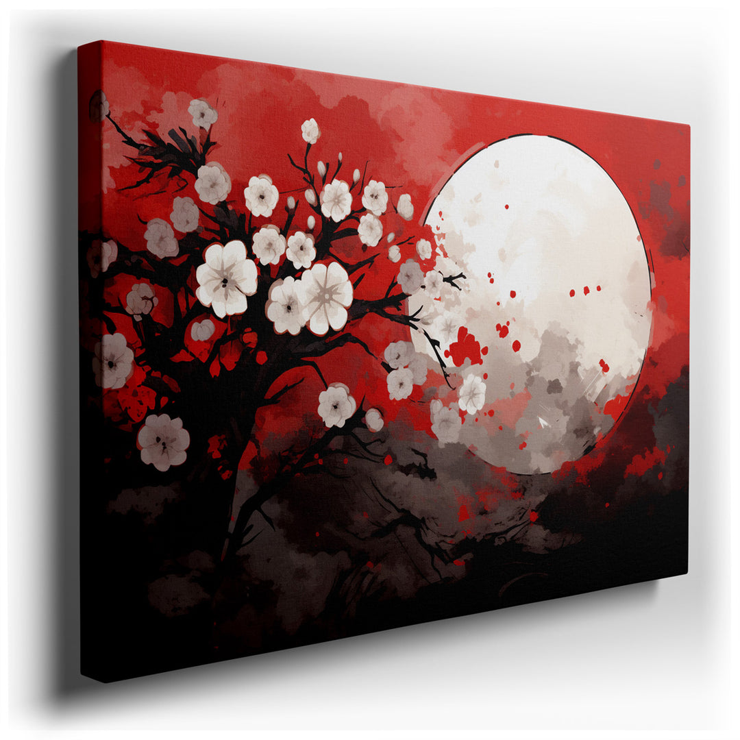canvas print on wrapped canvas for wall decor – This exquisite wall art captures the ethereal beauty of cherry blossoms set against a striking deep red backdrop, illumi...