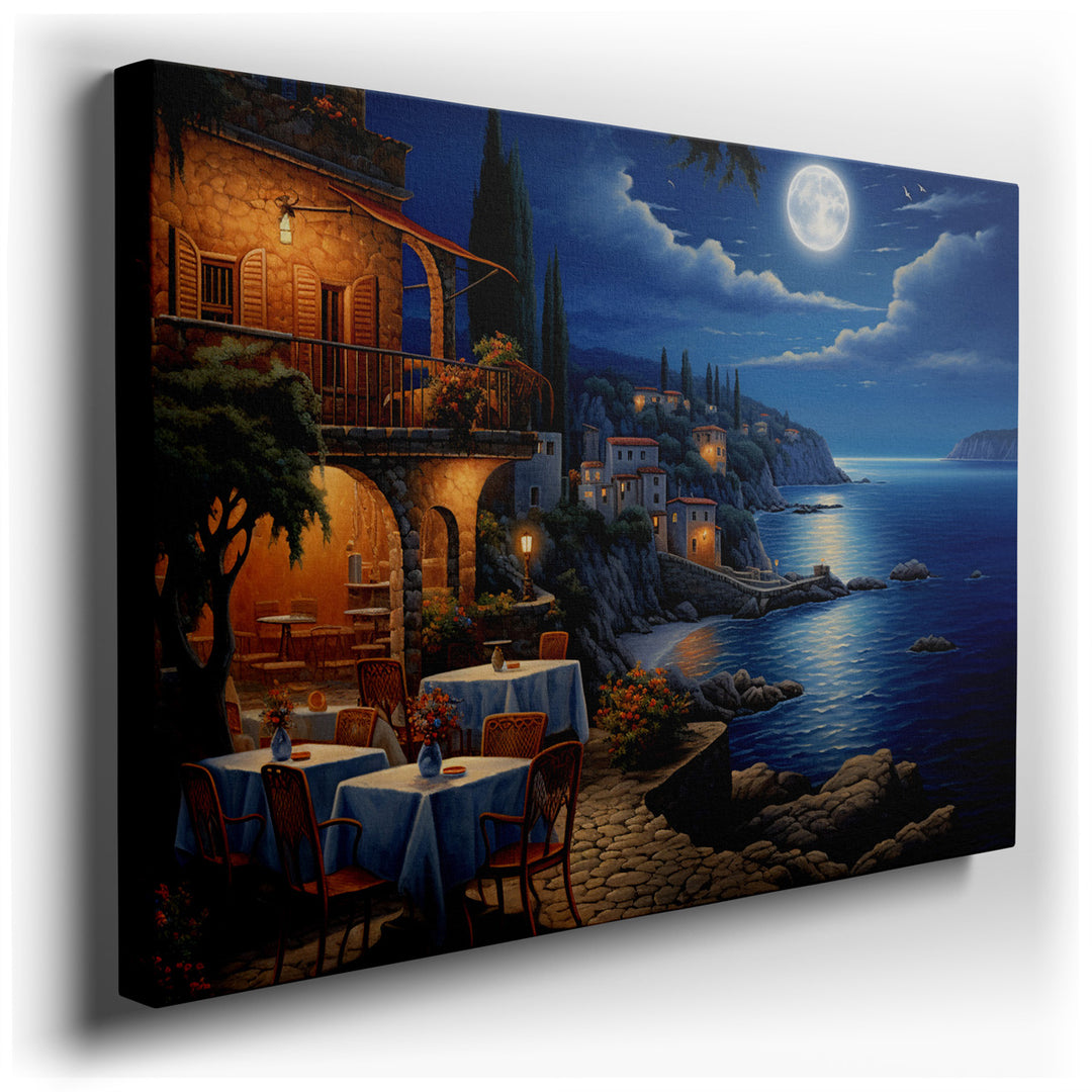 canvas print on wrapped canvas for wall decor – Imagine a wall art that captures the essence of a serene, moonlit evening by the sea, perfect for enhancing the ambiance...