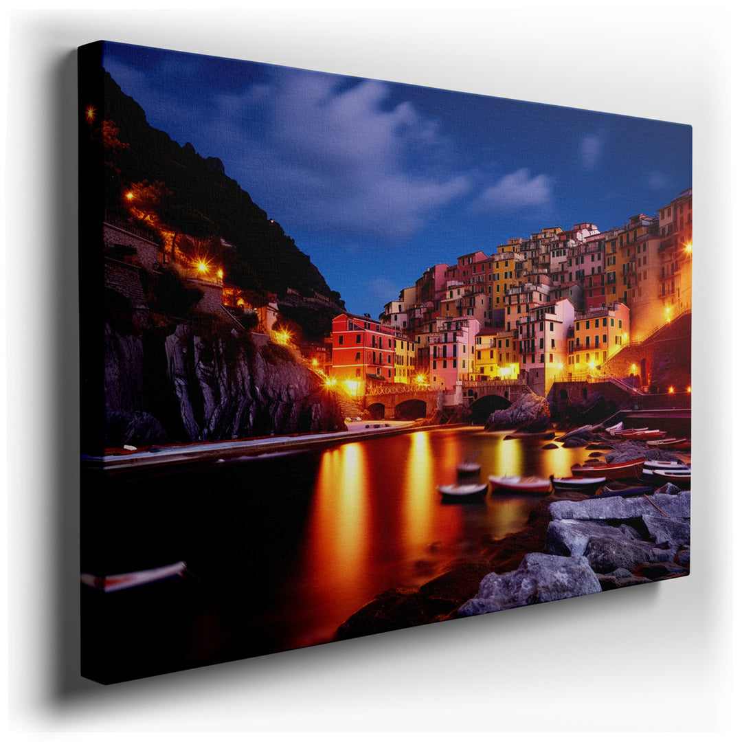 canvas print on wrapped canvas for wall decor – Imagine a wall art that captures the essence of a serene, coastal village at night, where the charm of small-town life i...
