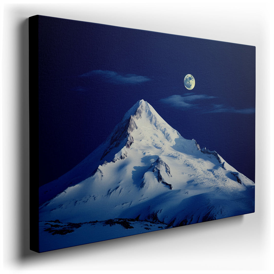 canvas print on wrapped canvas for wall decor – This captivating landscape photograph presents a mesmerizing view of a majestic mountain peak bathed in the ethereal glo...