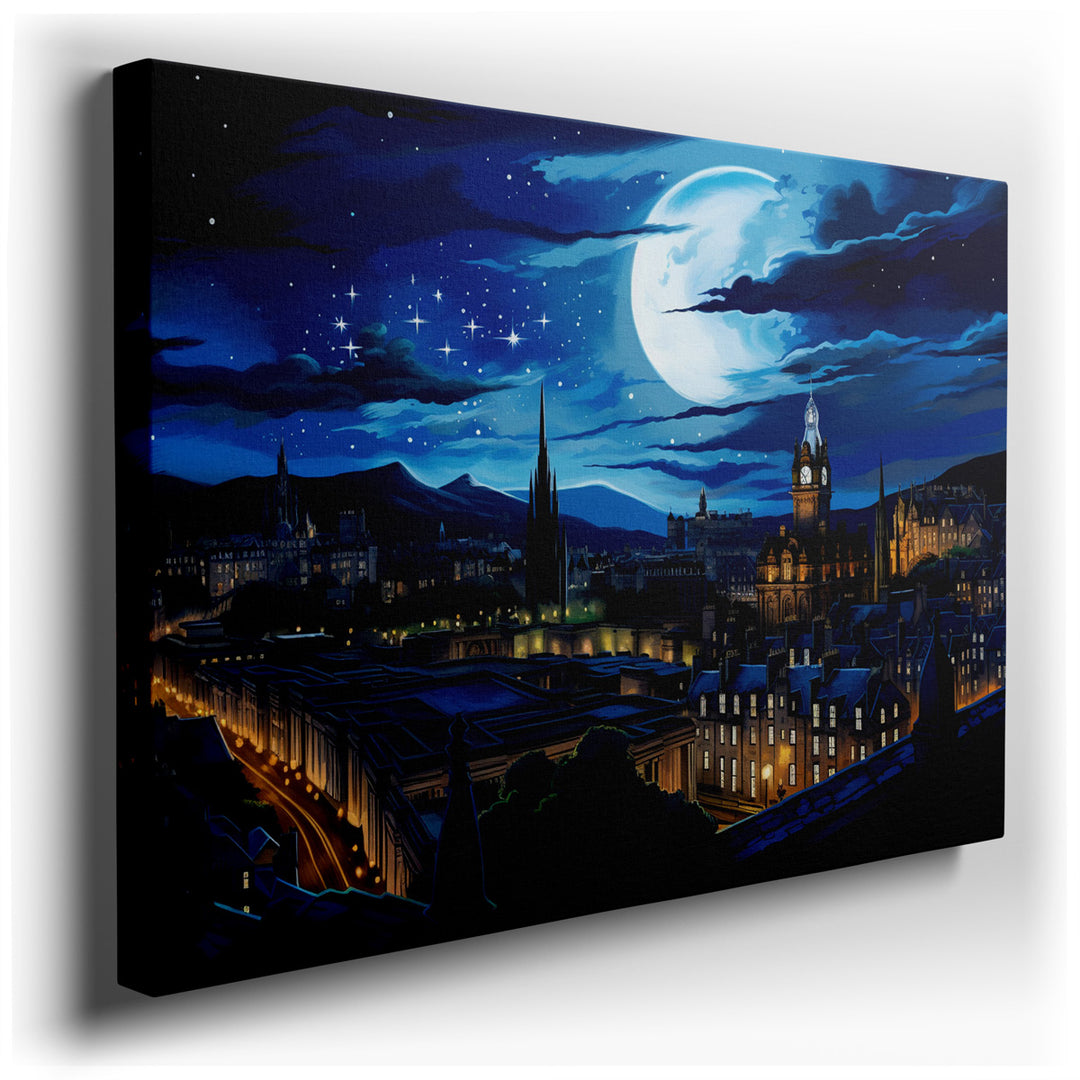 canvas print on wrapped canvas for wall decor – This captivating wall art presents a breathtaking nocturnal view of Edinburgh, masterfully capturing the essence of the...
