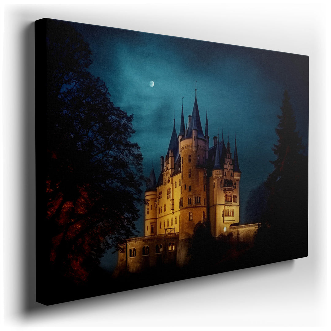 canvas print on wrapped canvas for wall decor – Imagine a wall art that captures the essence of a mystical, gothic castle, standing majestically under the enchanting gl...
