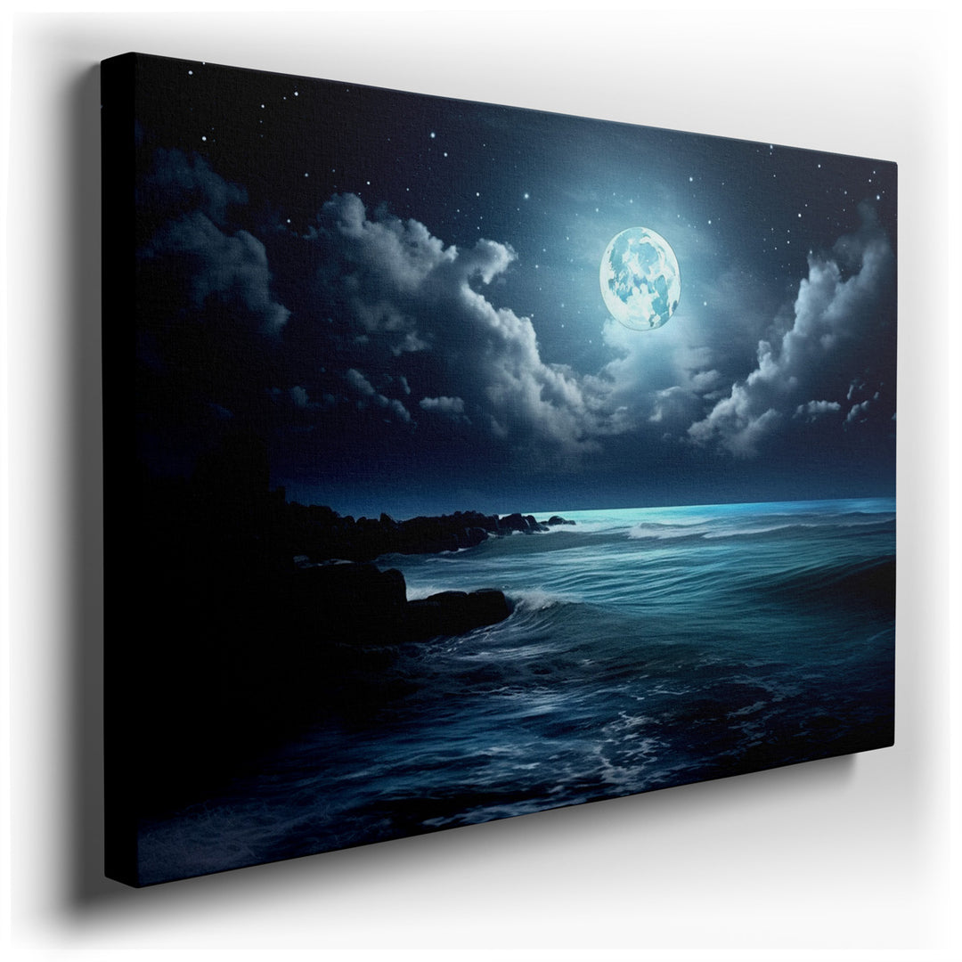 canvas print on wrapped canvas for wall decor – This enchanting wall art captures the majestic beauty of the ocean under the spell of a luminous full moon. The artwork,...