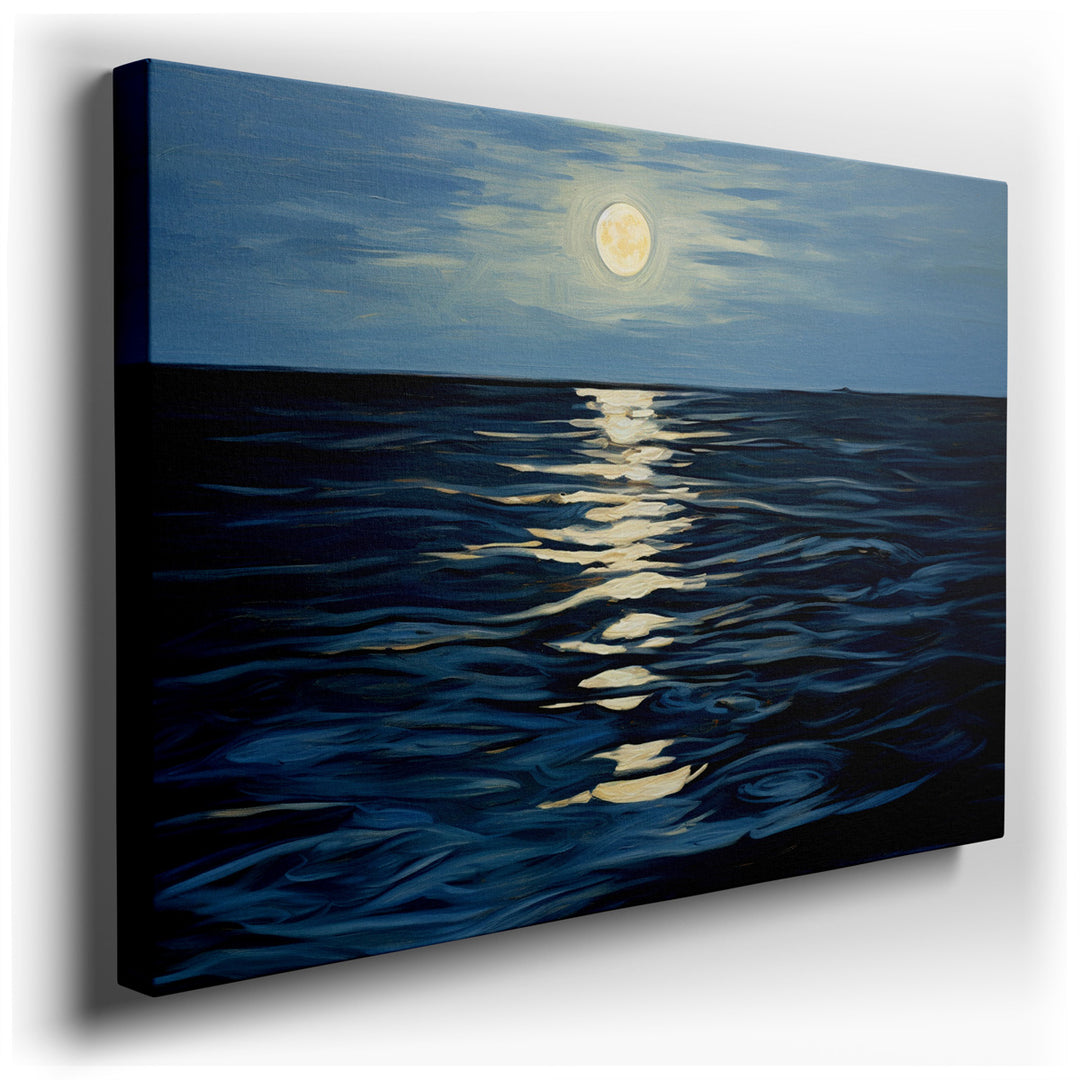 canvas print on wrapped canvas for wall decor – This wall art captures a truly enchanting scene where the moon casts its gentle glow upon the ocean, creating a mesmeriz...
