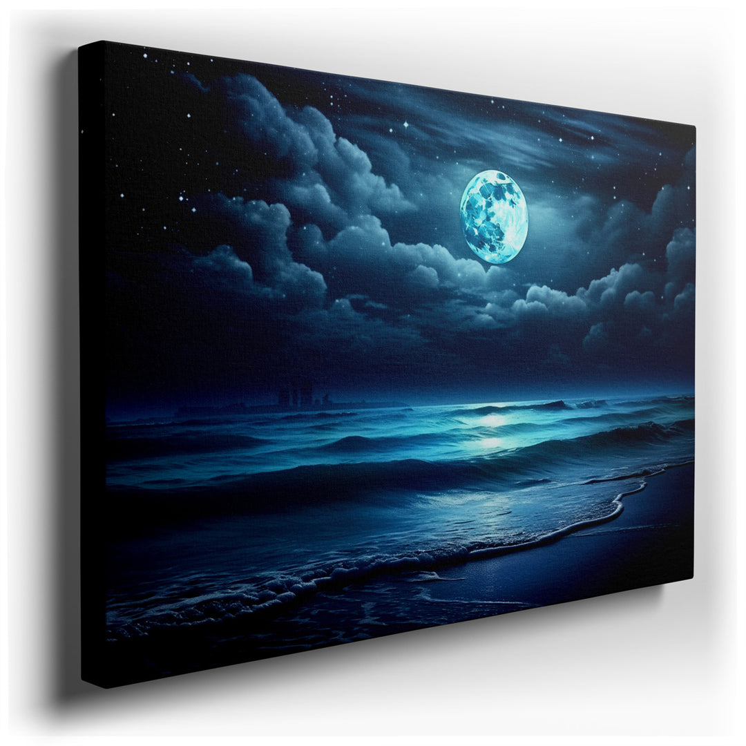 canvas print on wrapped canvas for wall decor – Imagine a wall art that captures the ethereal beauty of a moonlit seascape, where the luminous glow of a full moon bathe...